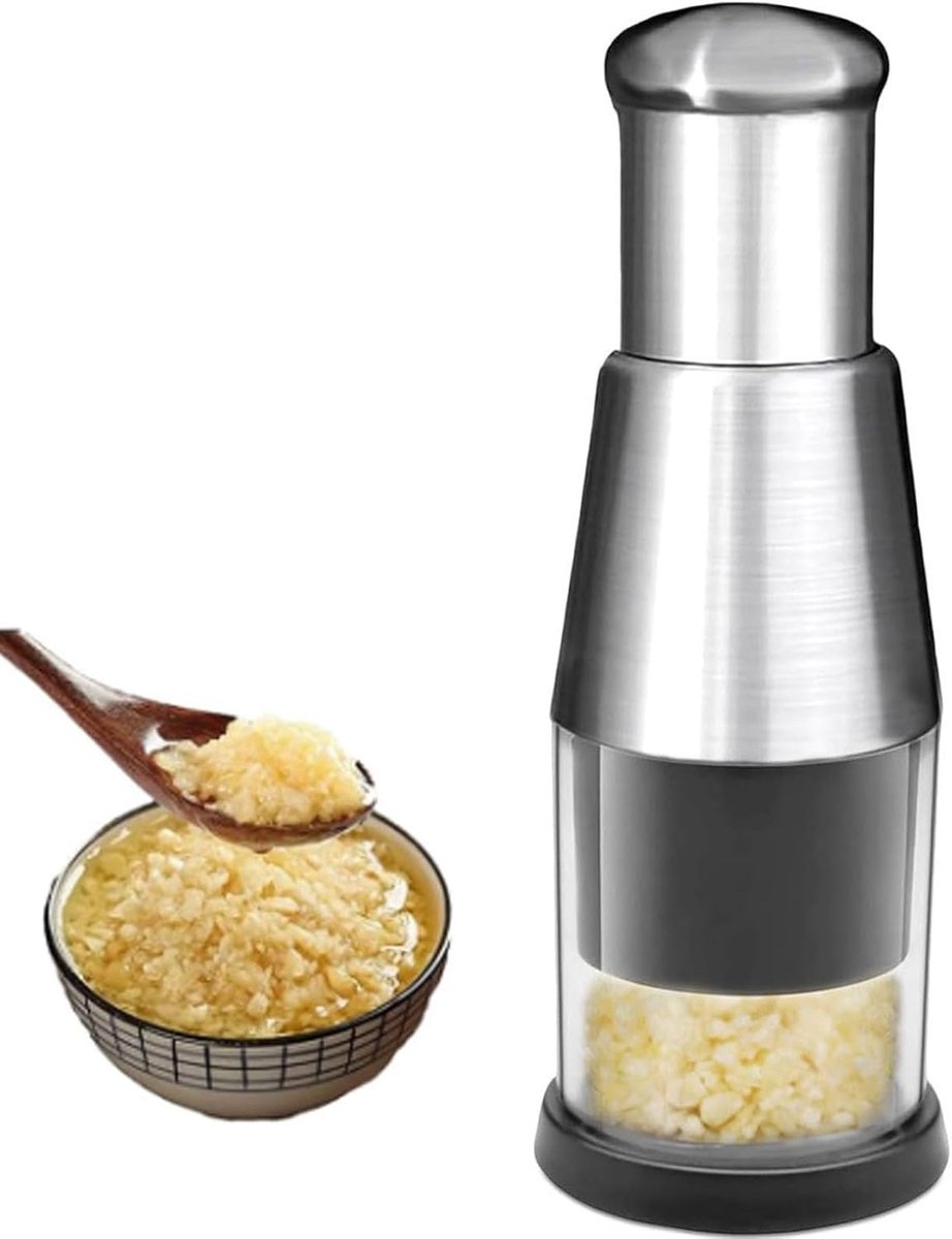 Knoflookpers - Gemberpers - Garlic Press - Handmatige Knoflookpers - Knoflookstamper - RVS - Contactloos - voor Knoflook, Paprika, Uien - Zwart/Zilver
