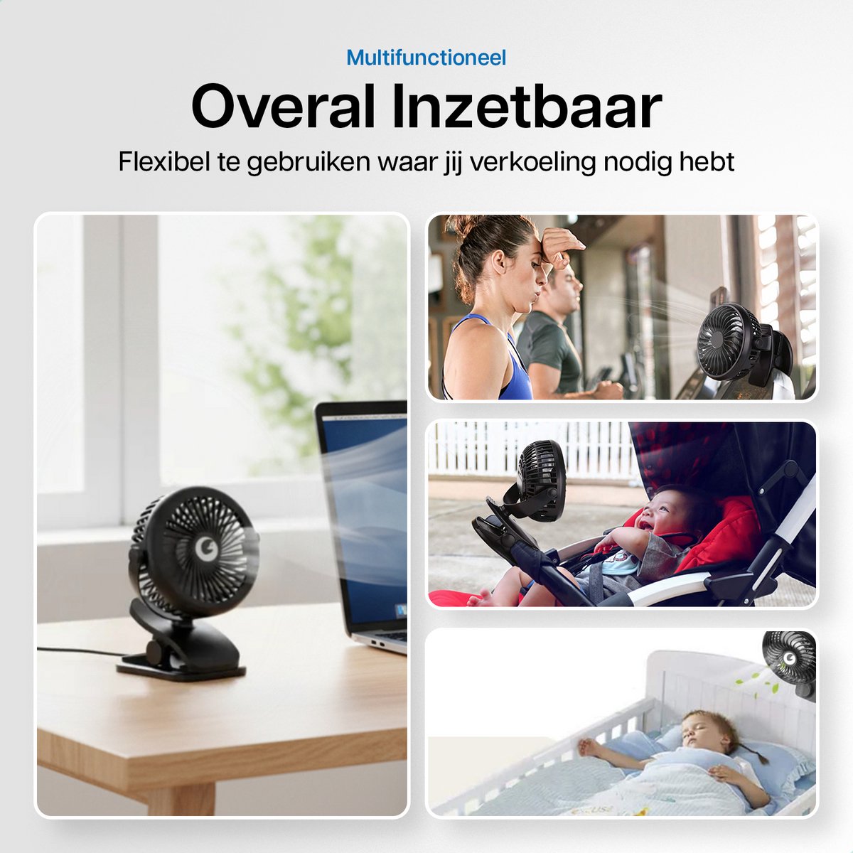 Evolize Mini Ventilator met Clip - Krachtige Draadloze Fan op Batterijen - USB Oplaadbare Ventilator met Klem - Draadloos & Draagbaar - voor Bureau, Bed, Camping & Kinderwagen - Zwart — afbeelding 8