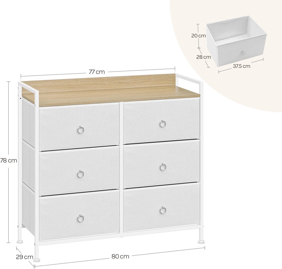 Ladenkast - Dressoir Kasten - Ladekast met 6 Stoffen Lades - Stevig & Stijlvol - Industriële Opbergkast - Metaal & Hout - Voor Woonkamer - Slaapkamer - Hal - 80x29x78cm - Wit