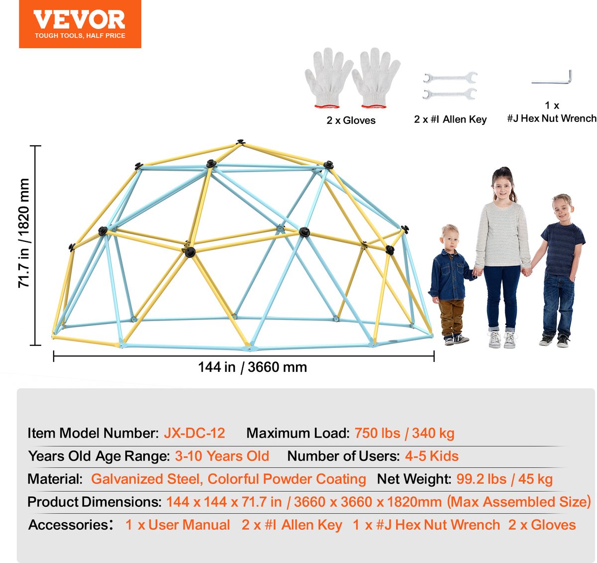 VEVOR Klimkoepel, 3.66 m Geometrische Koepel Klimspeelcentrum voor Kinderen van 3 tot 10 Jaar, Klimrek 340 kg Draagvermogen, met Klimhandvat, Buitenspeeltoestellen Tuin Achtertuin — afbeelding 5