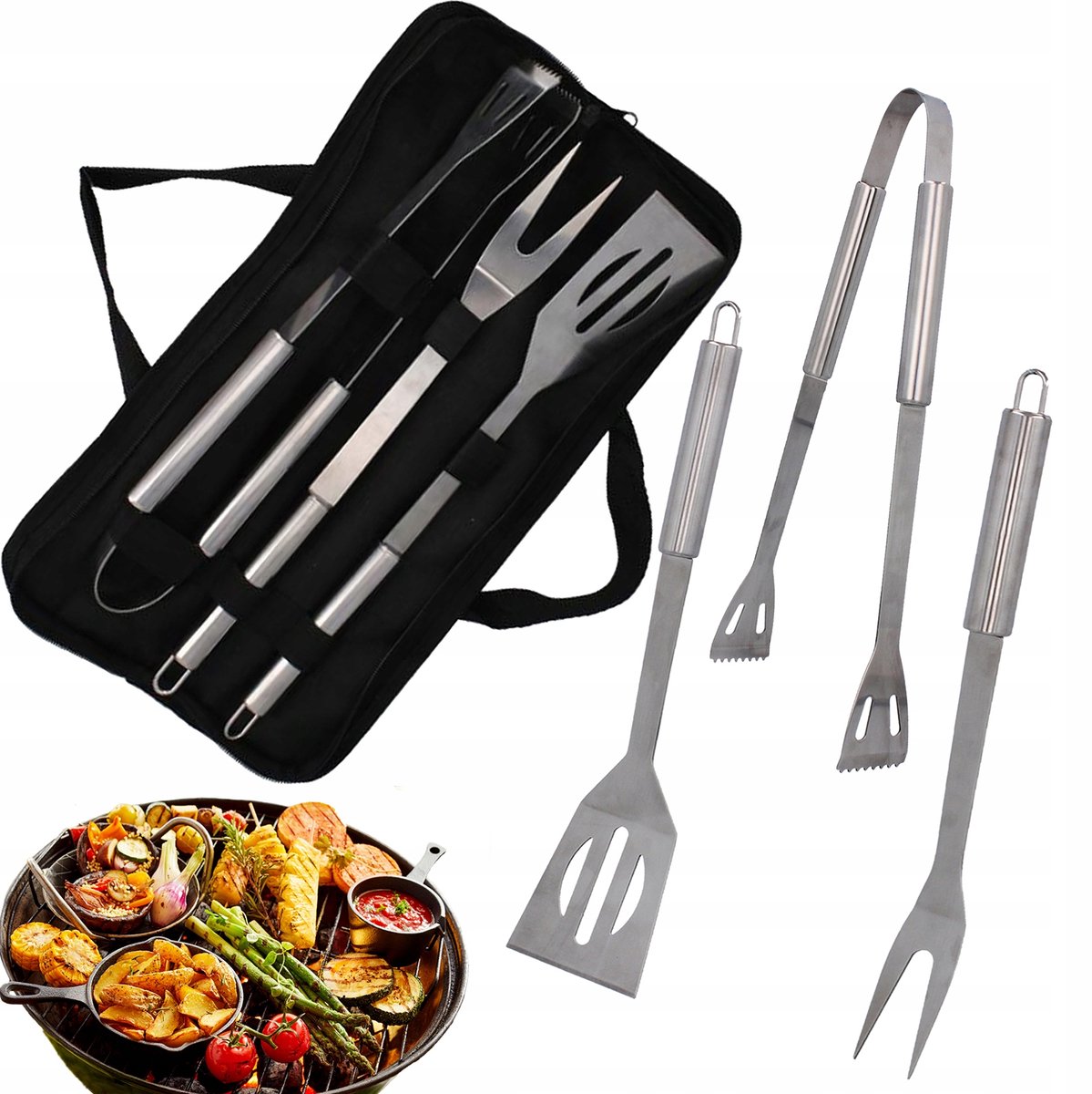 3-delige grillset: tang, spatel, vork met koffer