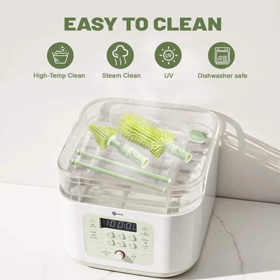 Draagbare Flessenborstel Set - Flessenreiniger - BPA vrij - Siliconen - Inclusief Flessenborste - Speenborstel - Rietjesborstel - Flesspeenborstel - Afdruiprek- Zeepdispenser - Opbergdoos - Wit/Groen — afbeelding 2