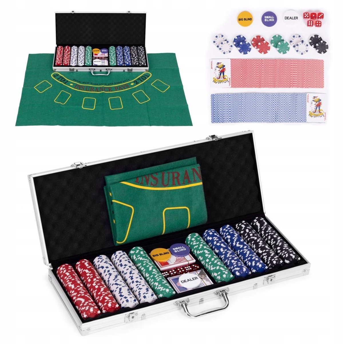 Complete poker- en blackjackset: 500 fiches, 2 kaartspellen, mat, dobbelstenen