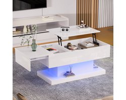 Re-purelife® Hydraulisch Verstelbare Salontafel met Glijdfunctie - Moderne Tafel met LED Verlichting en Opbergruimte - Hoogglans Design - Multifunctionele Woonkamertafel 100x50x45 cm - Wit