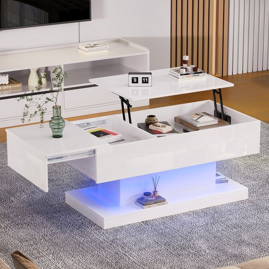 Re-purelife® Hydraulisch Verstelbare Salontafel met Glijdfunctie - Moderne Tafel met LED Verlichting en Opbergruimte - Hoogglans Design - Multifunctionele Woonkamertafel 100x50x45 cm - Wit