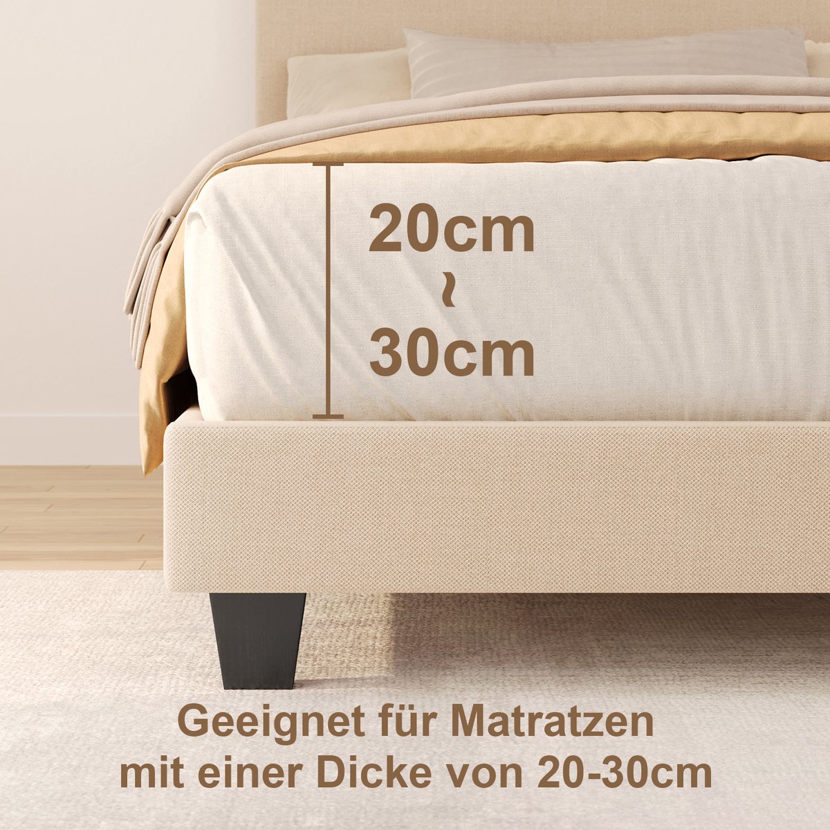 Xbro Gestoffeerd Bed 90 x 200 cm – met Bedhoofdbord LED-Verlichting – Eenpersoonsbed met Hoofdbord en Lattenbodem – Beige — cadeau in Cadeau-ideeën - foto 2