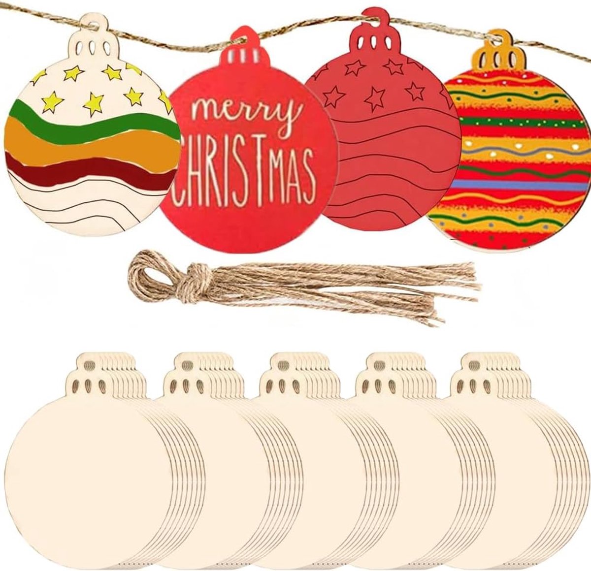 Houten kerstdecoratie set van 40 stuks: ronde houten ballen voor boomornamenten in diverse ontwerpen.