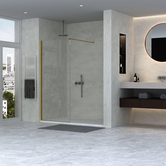 Douche à l'italienne Adema Sparkle 2.0 - 60x200cm - profilé mural - barre stabilisatrice - verre transparent - or mat