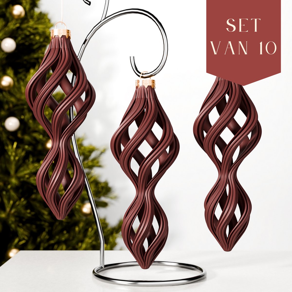 Fleuriek – Luxe Gedraaide Lange Kerstballen – Mat Rood, Set van 10 – Klassieke Kerstornamenten – Onbreekbaar & Herbruikbaar – Warme Kerstdecoratie voor Thuis