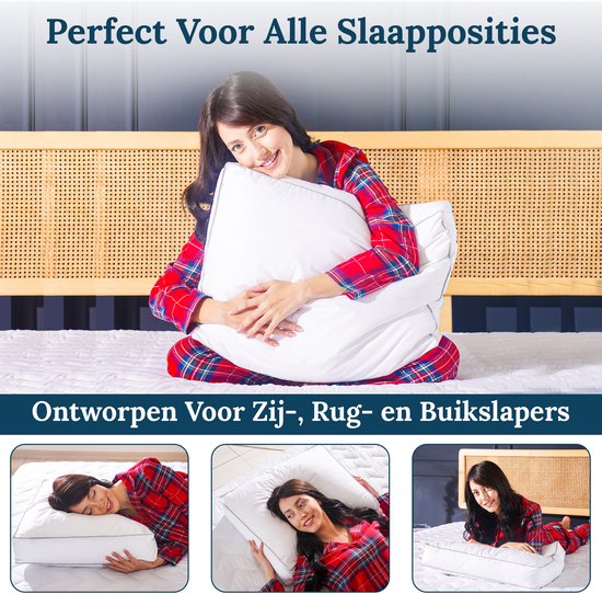 Een vrouw in pyjama knuffelt een wit kussen. Drie kleinere afbeeldingen tonen een vrouw liggend op kussens in verschillende slaapposities.