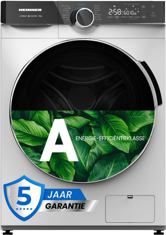 Lave-linge Heinner 12 kg – 14 programmes de lavage – 1400 tr/min – Classe énergétique A – Commandes tactiles – Affichage numérique – Sécurité enfant – Garantie 5 ans – Wit