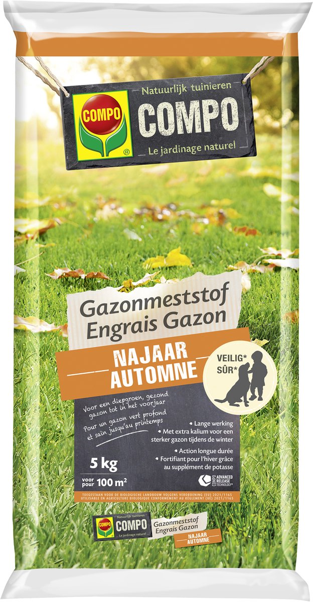 COMPO Gazonmeststof Najaar - voor een groene start in het voorjaar - organisch - verhoogt de weerstand tegen vorst en ziekten - zak 5 kg (100 m²)