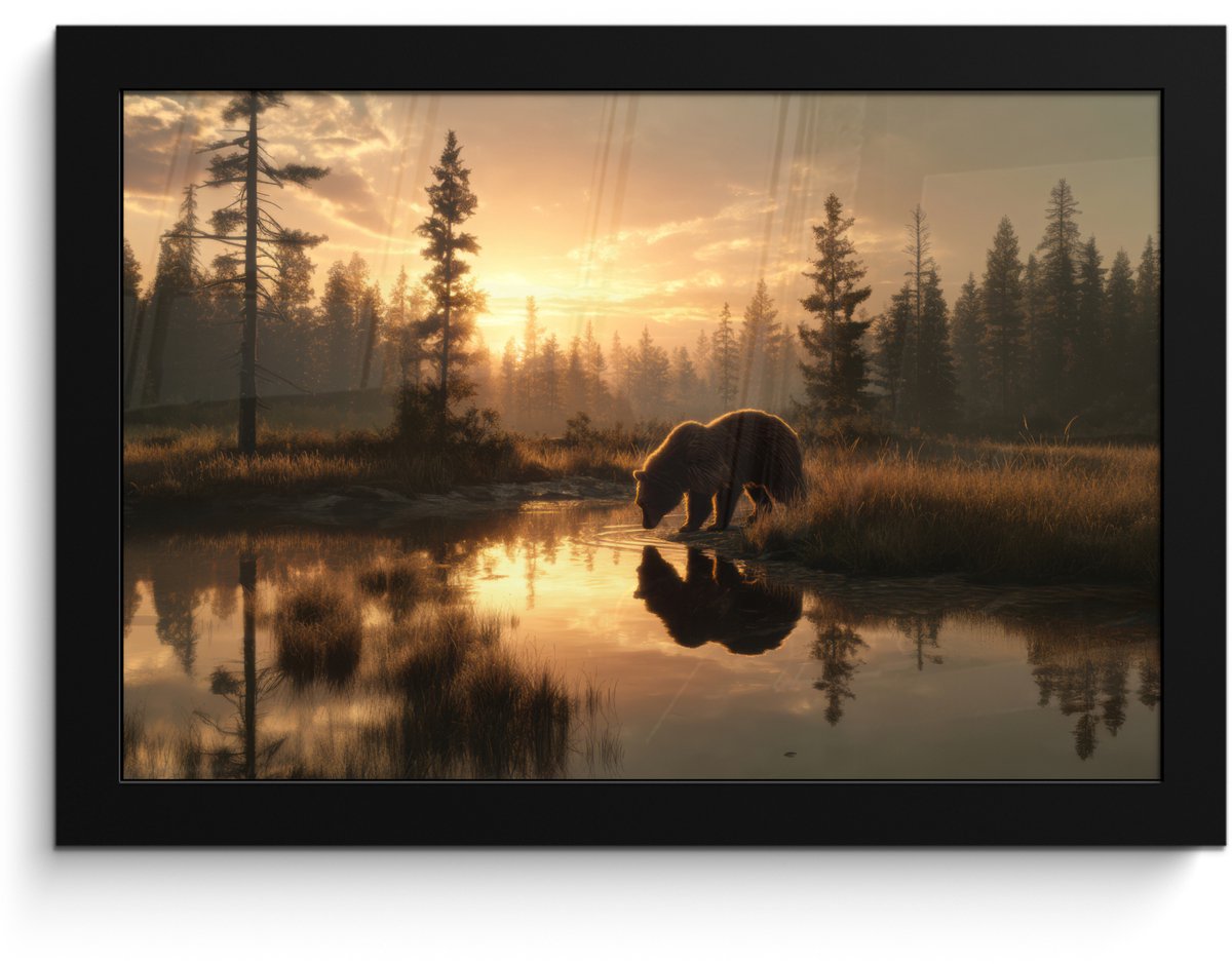 FrameYourWall Poster in lijst - Fotolijst 30x20 cm - Posters - Beer - water - Bos - Ochtendlicht - Posterlijst zwart - Decoratie - Wanddecoratie woonkamer - Muurdecoratie slaapkamer
