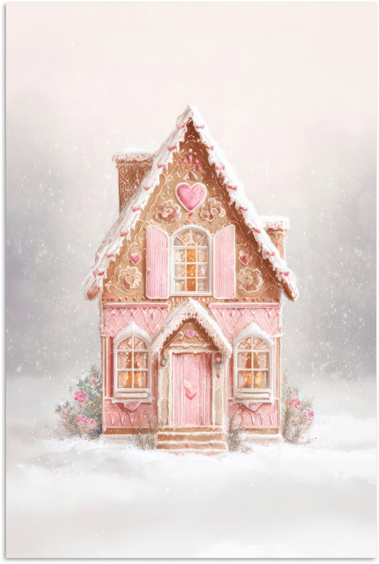 Poster 40x60 cm - Huisje - Suiker - Pastel - Posters - Kamer decoratie - Wanddecoratie woonkamer - Muurdecoratie slaapkamer - Kerstversiering - Kerstdecoratie voor binnen - Kerstmis