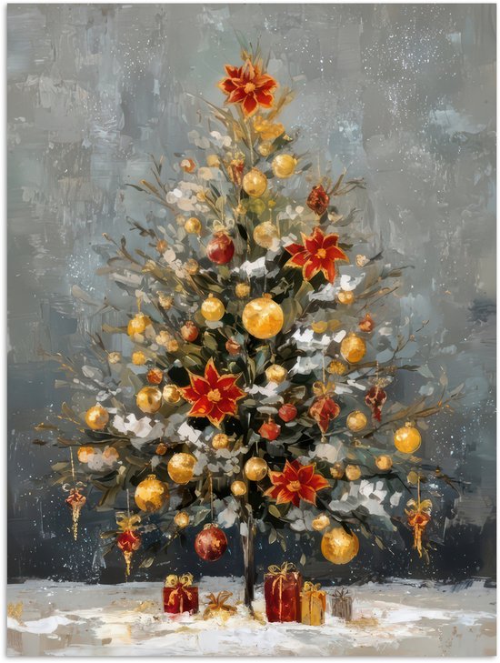 Poster 60x80 cm - Kerstboom - Cadeaus - Rood - Goud - Posters - Kamer decoratie - Wanddecoratie woonkamer - Muurdecoratie slaapkamer - Kerstversiering - Kerstdecoratie voor binnen - Kerstmis