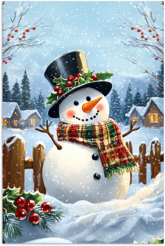 Poster 20x30 cm - Sneeuwpop - Winterdorp - Kleurrijk - Posters - Kamer decoratie - Wanddecoratie woonkamer - Muurdecoratie slaapkamer