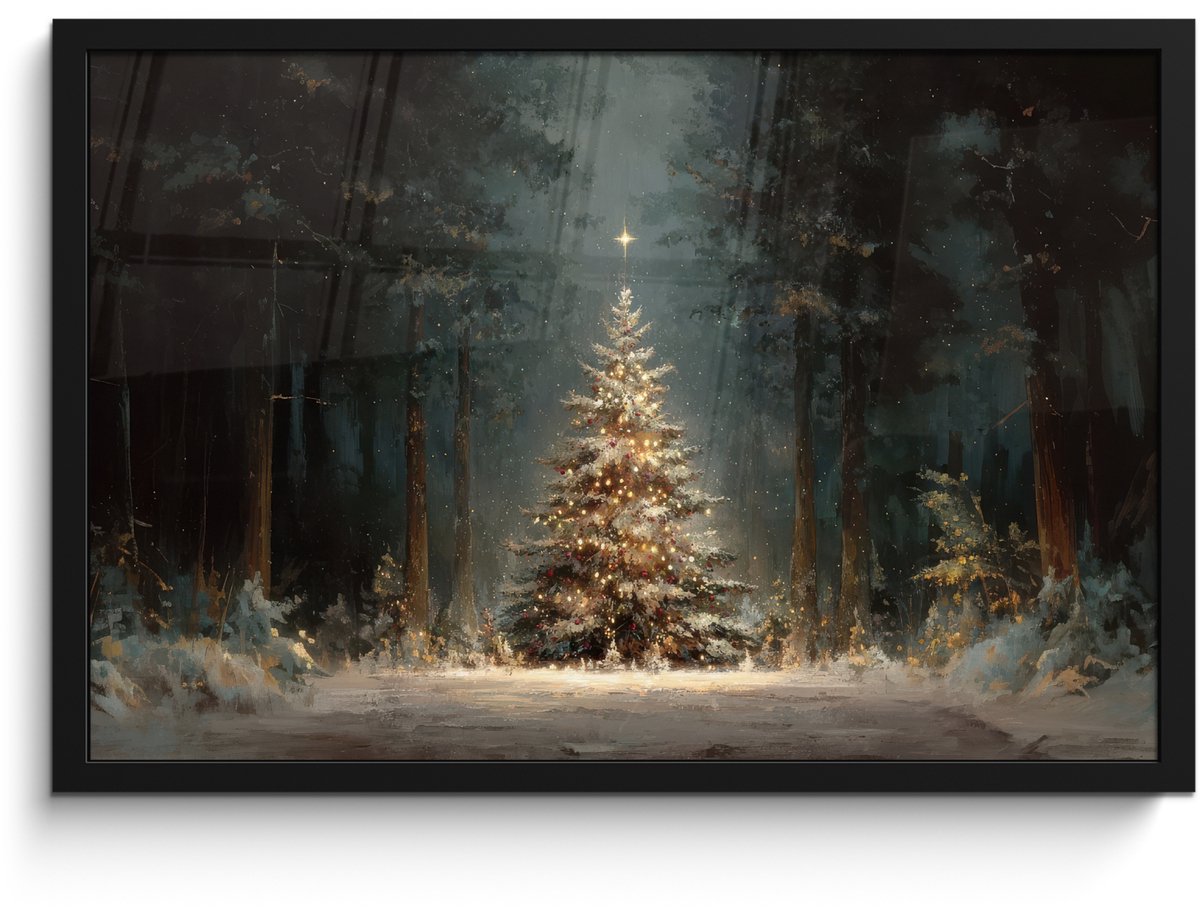 FrameYourWall Poster in lijst - Fotolijst 60x40 cm - Posters - Kerstboom - Bos - Sneeuw - meerkleurig - Posterlijst zwart - Decoratie - Wanddecoratie woonkamer - Muurdecoratie slaapkamer - Kerstversiering - Kerstdecoratie voor binnen - Kerstmis