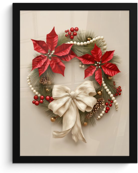 Poster in lijst - Fotolijst 30x40 cm - Posters - Deurkrans - Strik - Kerst - Rood - Groen - Posterlijst zwart - Decoratie - Wanddecoratie woonkamer - Muurdecoratie slaapkamer - Kerstversiering - Kerstdecoratie voor binnen - Kerstmis