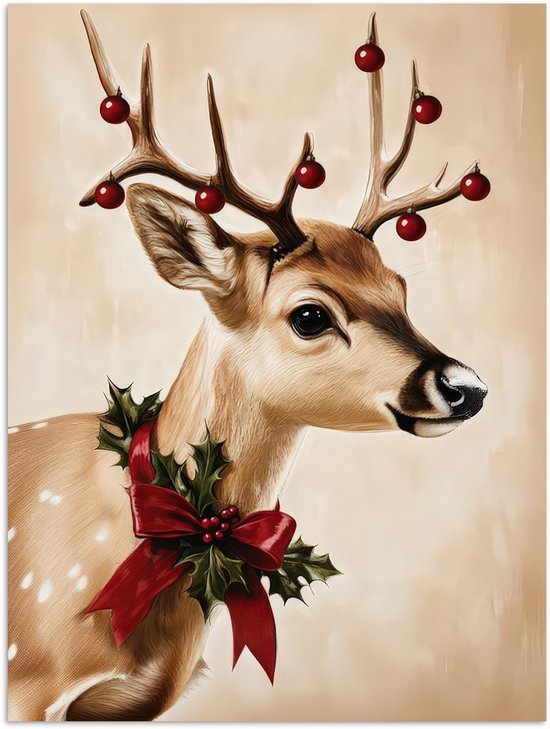 Poster 90x120 cm - Gewei - Kerst - Rendier - Rood - Posters - Kamer decoratie - Wanddecoratie woonkamer - Muurdecoratie slaapkamer - Kerstversiering - Kerstdecoratie voor binnen - Kerstmis