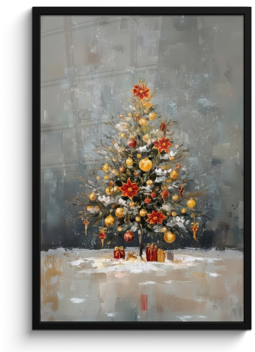 FrameYourWall Poster in lijst - Fotolijst 60x90 cm - Posters - Kerstboom - Cadeaus - Rood - Goud - Posterlijst zwart - Decoratie - Wanddecoratie woonkamer - Muurdecoratie slaapkamer - Kerstversiering - Kerstdecoratie voor binnen - Kerstmis