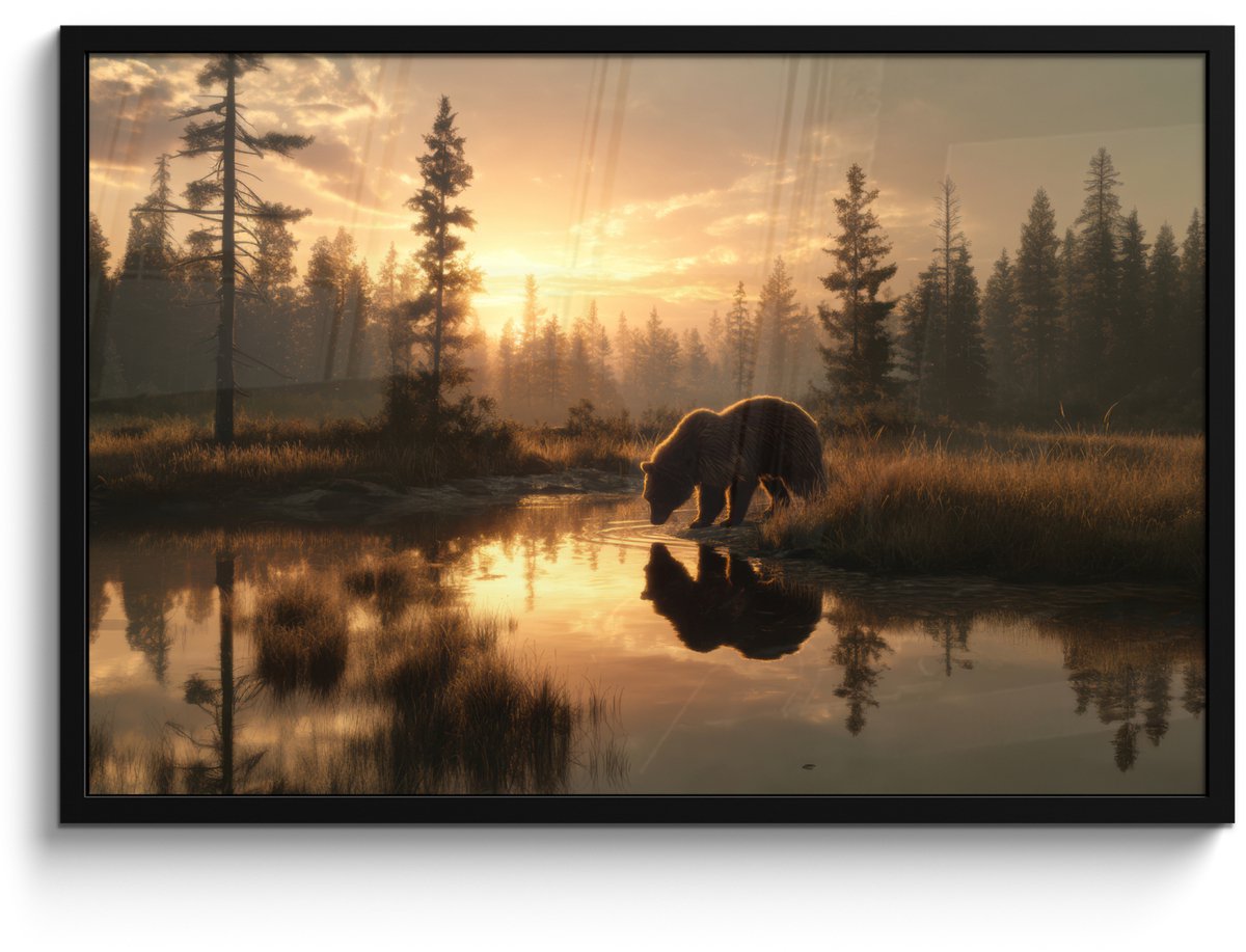 FrameYourWall Poster in lijst - Fotolijst 90x60 cm - Posters - Beer - water - Bos - Ochtendlicht - Posterlijst zwart - Decoratie - Wanddecoratie woonkamer - Muurdecoratie slaapkamer