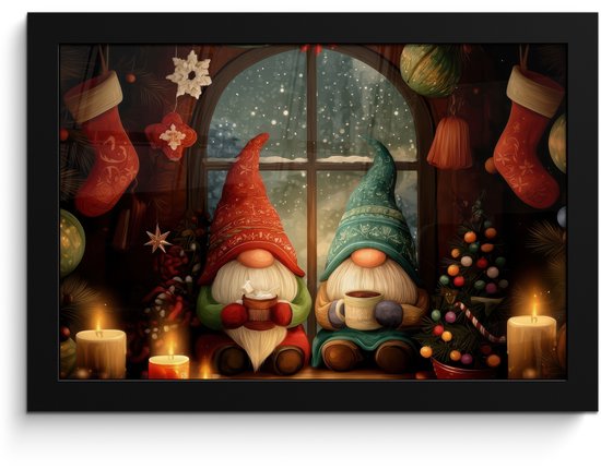 Poster in lijst - Fotolijst 30x20 cm - Posters - Gnooms - Kerst - Raam - Kleurrijk - Posterlijst zwart - Decoratie - Wanddecoratie woonkamer - Muurdecoratie slaapkamer - Kerstversiering - Kerstdecoratie voor binnen - Kerstmis