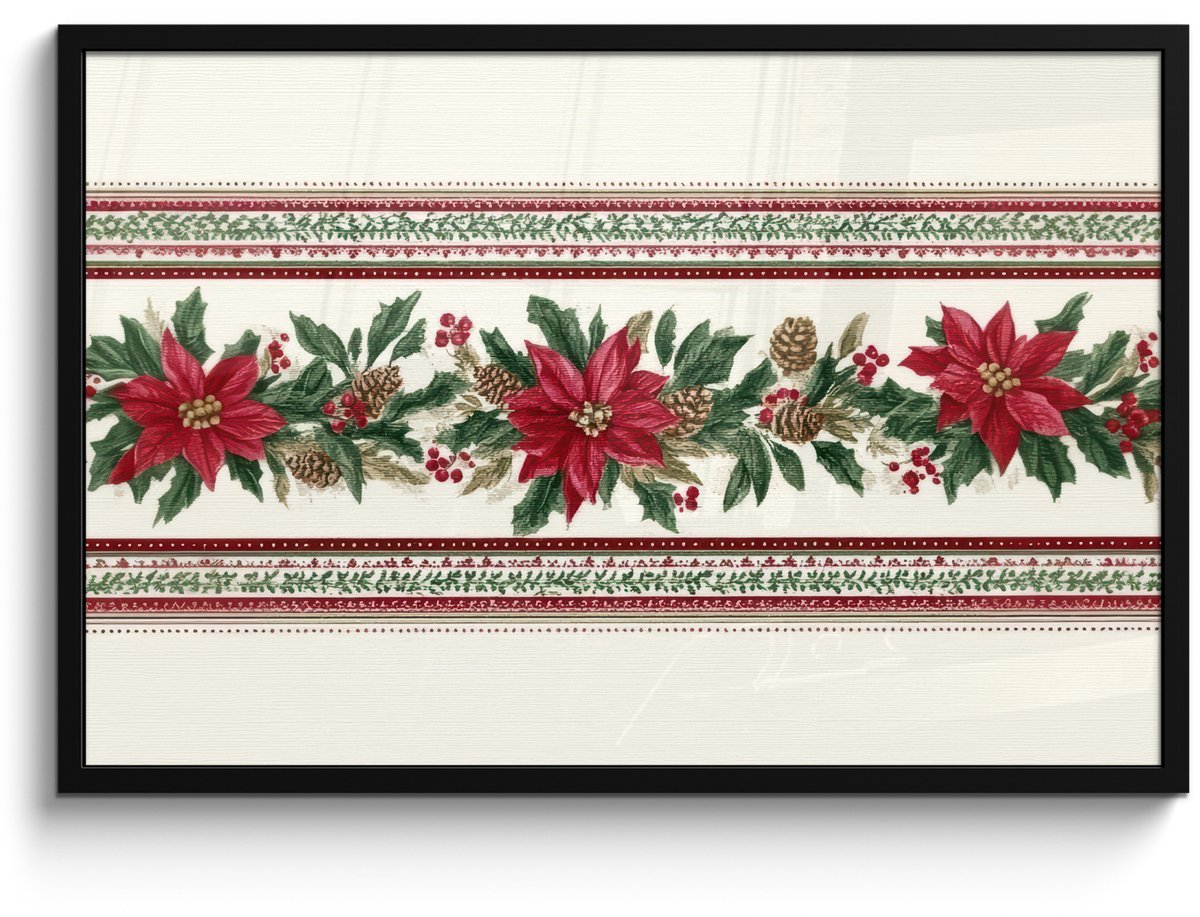 FrameYourWall Poster in lijst - Fotolijst 90x60 cm - Posters - Kerststrook - Pointia - Rood - Groen - Posterlijst zwart - Decoratie - Wanddecoratie woonkamer - Muurdecoratie slaapkamer - Kerstversiering - Kerstdecoratie voor binnen - Kerstmis Kerststrook - Poinsettia - Rood - Groen