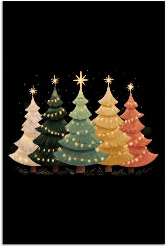 Poster 40x60 cm - Kerstbomen - Kleurrijk - Lichtjes - Ster - Posters - Kamer decoratie - Wanddecoratie woonkamer - Muurdecoratie slaapkamer - Kerstversiering - Kerstdecoratie voor binnen - Kerstmis