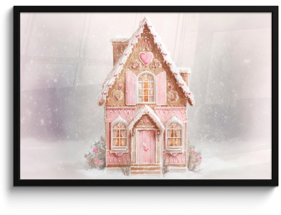 Poster in lijst - Fotolijst 90x60 cm - Posters - Huisje - Suiker - Pastel - Posterlijst zwart - Decoratie - Wanddecoratie woonkamer - Muurdecoratie slaapkamer - Kerstversiering - Kerstdecoratie voor binnen - Kerstmis