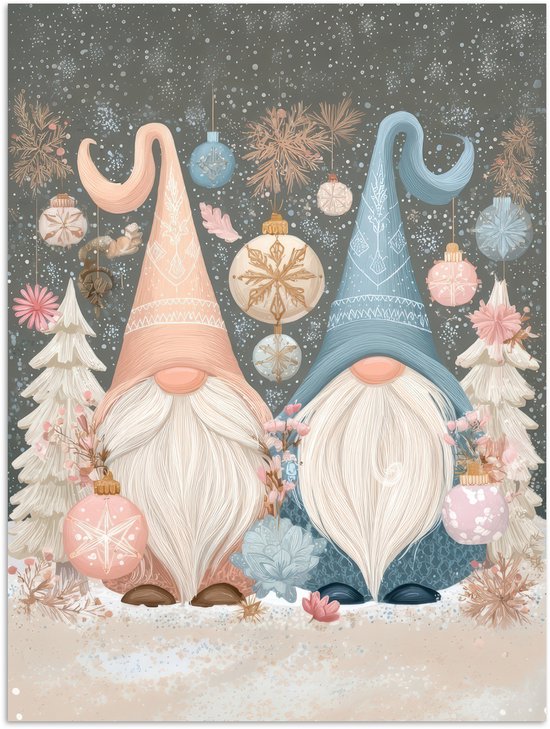 Poster 30x40 cm - Kerst - Gnomen - Pastel - Posters - Kamer decoratie - Wanddecoratie woonkamer - Muurdecoratie slaapkamer - Kerstversiering - Kerstdecoratie voor binnen - Kerstmis