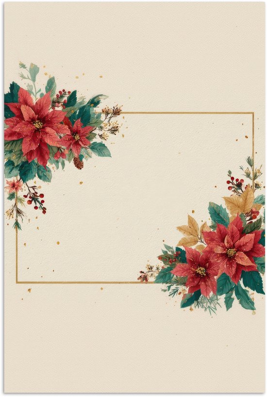 Poster 40x60 cm - Kerst - Poinsettia - Omlijsting - Kleurrijk - Posters - Kamer decoratie - Wanddecoratie woonkamer - Muurdecoratie slaapkamer - Kerstversiering - Kerstdecoratie voor binnen - Kerstmis