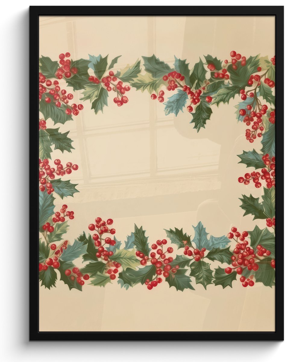 FrameYourWall Poster in lijst - Fotolijst 60x80 cm - Posters - Hulstrand - Bessen - Beige - Posterlijst zwart - Decoratie - Wanddecoratie woonkamer - Muurdecoratie slaapkamer - Kerstversiering - Kerstdecoratie voor binnen - Kerstmis