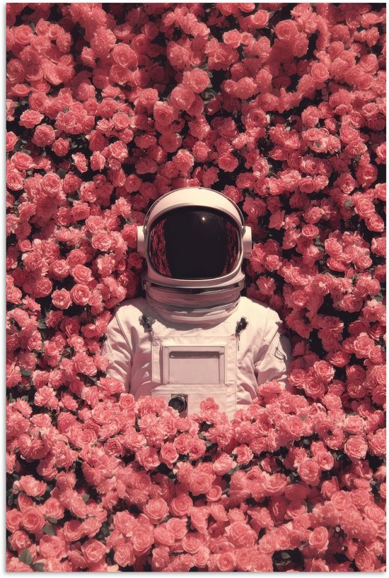 Poster 40x60 cm - Bloemen - Roze - Astronaut - Posters - Kamer decoratie - Wanddecoratie woonkamer - Muurdecoratie slaapkamer