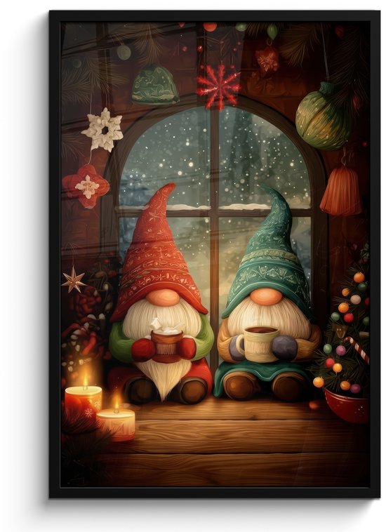 Poster in lijst - Fotolijst 60x90 cm - Posters - Gnooms - Kerst - Raam - Kleurrijk - Posterlijst zwart - Decoratie - Wanddecoratie woonkamer - Muurdecoratie slaapkamer - Kerstversiering - Kerstdecoratie voor binnen - Kerstmis