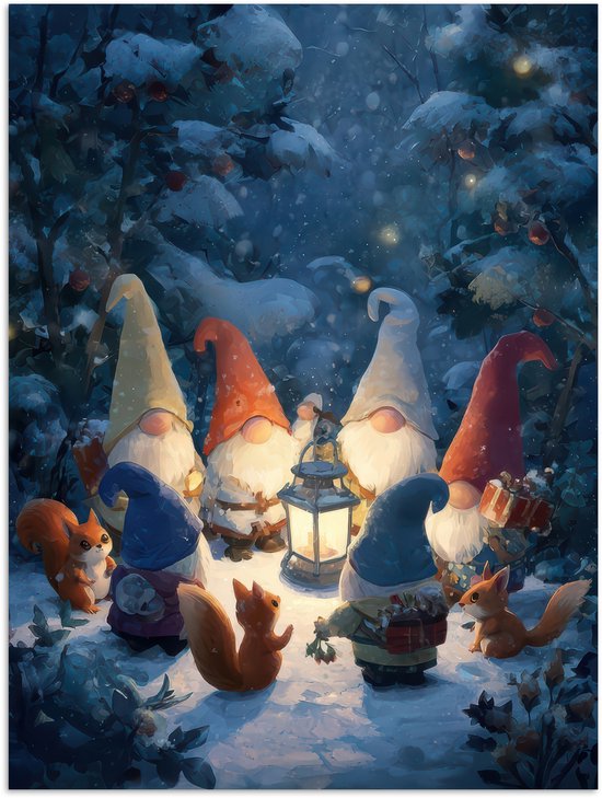 Poster 90x120 cm - Winter - Gnooms - Eekhoorns - Meerkleurig - Posters - Kamer decoratie - Wanddecoratie woonkamer - Muurdecoratie slaapkamer - Kerstversiering - Kerstdecoratie voor binnen - Kerstmis