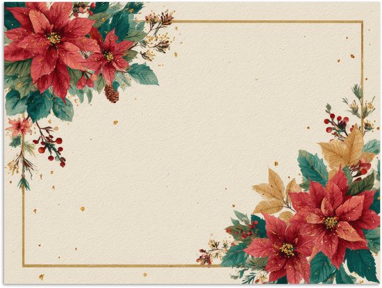 Poster 40x30 cm - Kerst - Poinsettia - Omlijsting - Kleurrijk - Posters - Kamer decoratie - Wanddecoratie woonkamer - Muurdecoratie slaapkamer - Kerstversiering - Kerstdecoratie voor binnen - Kerstmis