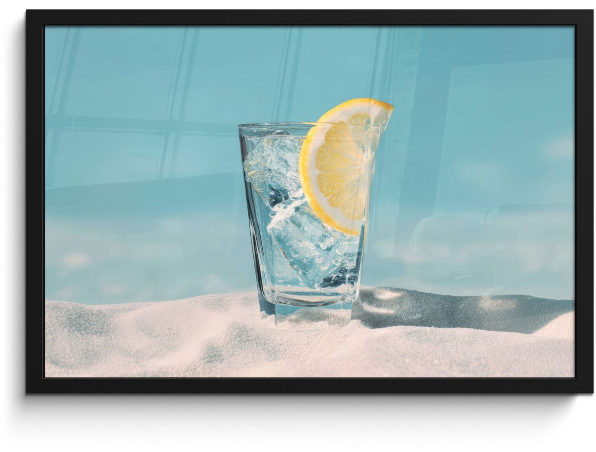 FrameYourWall Poster in lijst - Fotolijst 60x40 cm - Posters - Glas - ijsblokjes - Citroen - Posterlijst zwart - Decoratie - Wanddecoratie woonkamer - Muurdecoratie slaapkamer