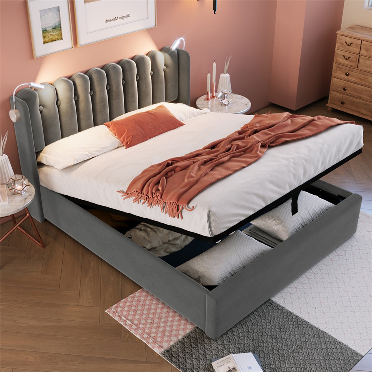 YEHTOKHOME Gestoffeerd bed Tweepersoonsbed 160x200 cm met opbergruimte - USB oplaadfunctie - Leselicht - Lattenbodem - Grijs fluweel - Zonder matras