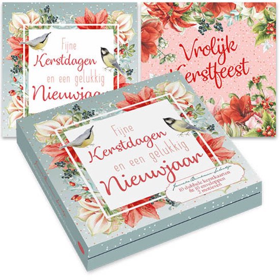 Geschenkverpakking met 10 kerstkaarten "Fijne Kerstdagen en een gelukkig Nieuwjaar" en 10 kerstkaarten "Vrolijk Kerstfeest".