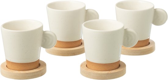 J-Line Boite 4 Tasses A Cafe + Base Bambou Ceramique Blanc/Naturel