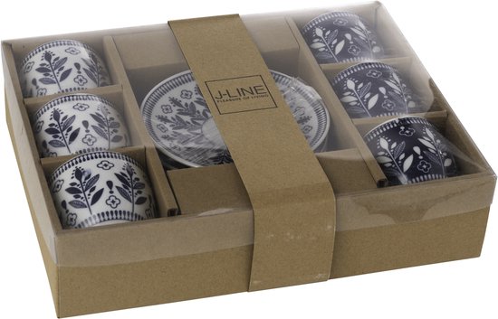 J-Line tasse + sous-tasse Feuilles - céramique - bleu foncé - boîte de 6