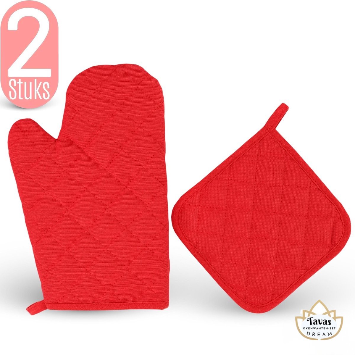 Dream Ovenwant met Pannenlap - Set van 2 - Rood - Hittebestendig - Katoen - Thermolite tot 250°C | Pannenlappen - Ovenwanten - Ovenhandschoenen