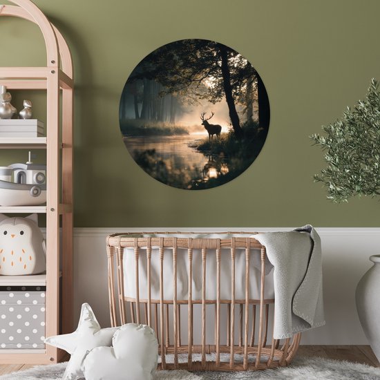 WallCircle® - Cercle de papier peint 50x50 cm - Stickers muraux Cerf - Ruisseau forestier - Mystique - Cercle mural salon - Cercle mural chambre - Décoration murale autocollante - Accessoires de Décoration murale