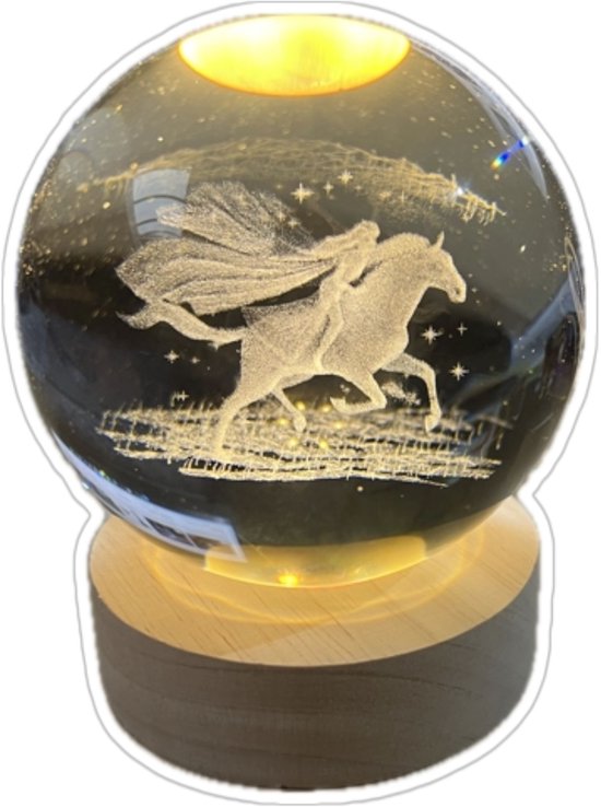 Kristallen LED-bol “Paard & Prinses” - Magische 3D Nachtlamp in Glas met Houten Basis van Merkloos — afbeelding 2