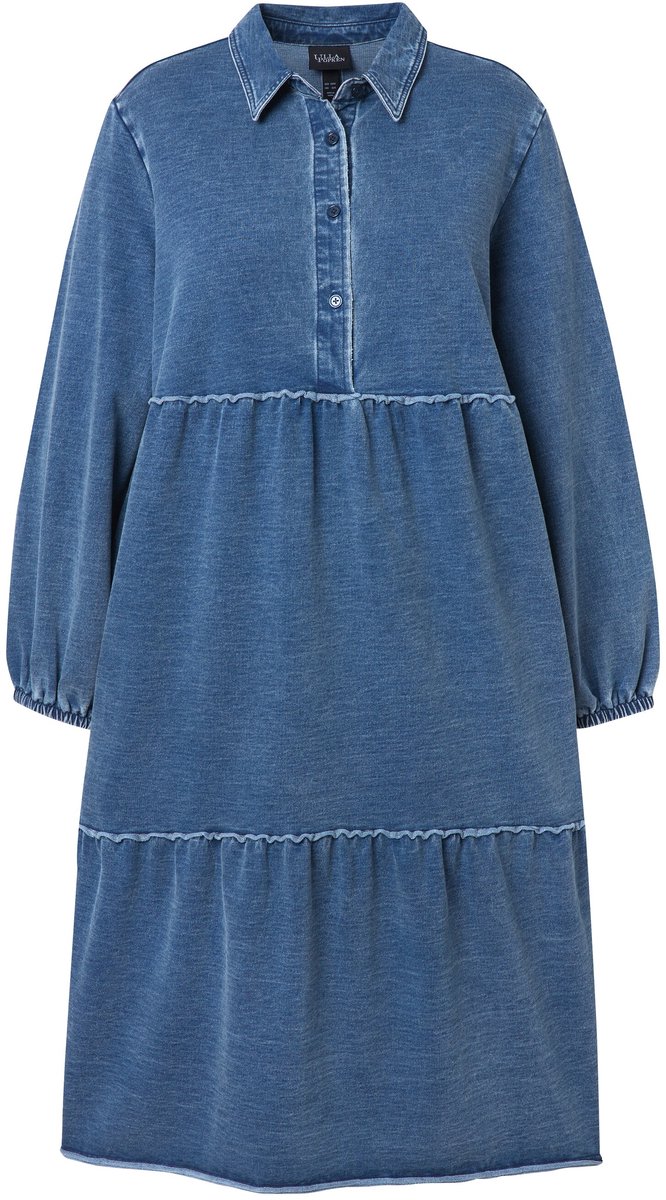 Ulla Popken Dames - Sweatjurk volants A-lijn overhemdkraag lange mouw - Indigo denim - Maat 50+