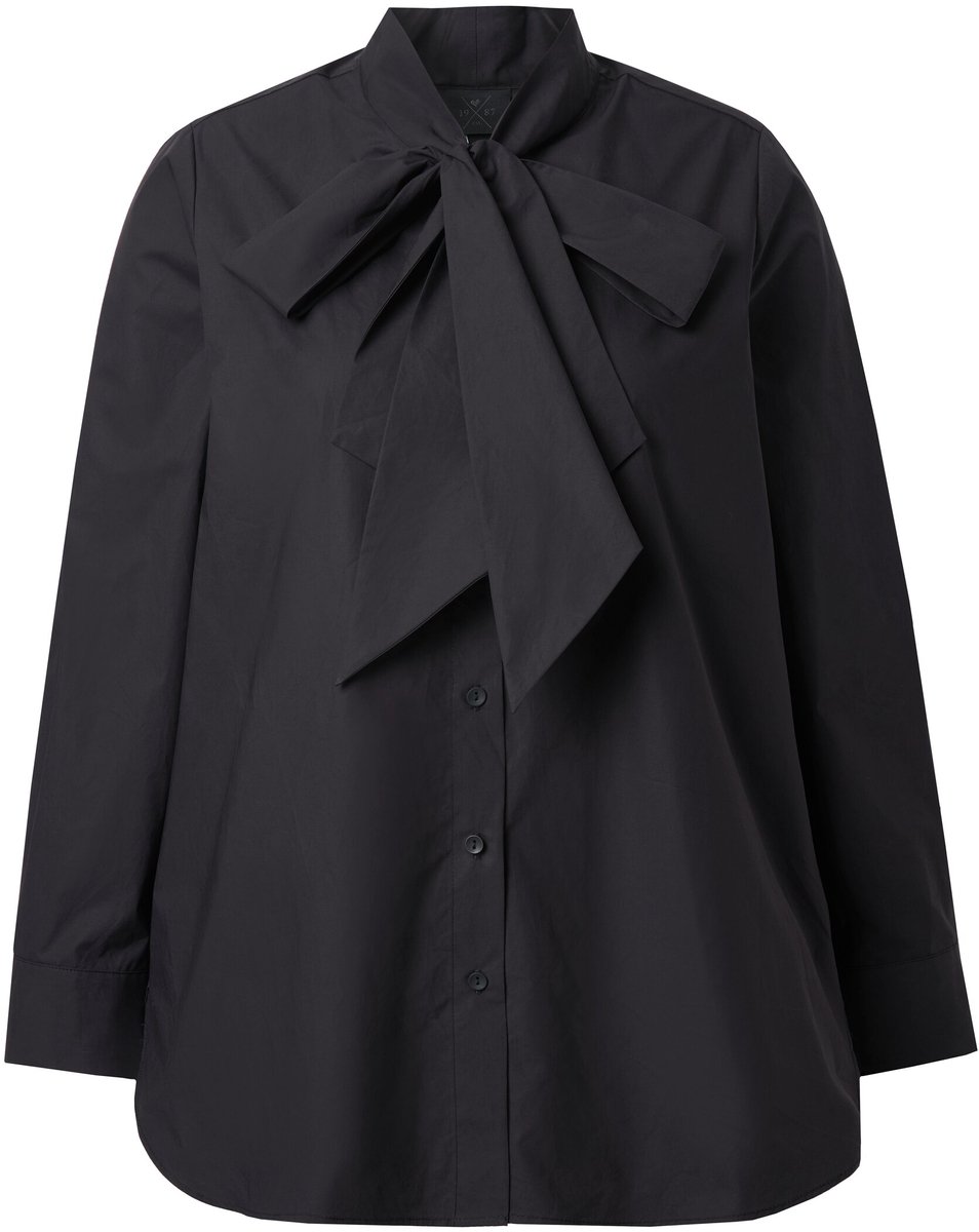 Ulla Popken - Dames - Blouse met strikhals A-lijn opstaande kraag lange mouwen - Zwart - Maat 54+