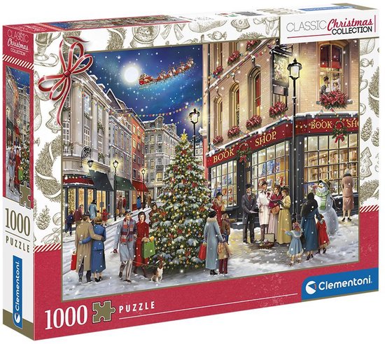 Kerstpuzzel van 1000 stukjes van Clementoni met een nachtelijke straatscène met mensen, een kerstboom en boekwinkels.