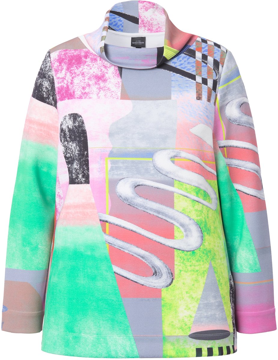Ulla Popken - Dames - Sweatshirt patchdesign opstaande kraag lange mouwen - Sneeuwwit - Maat 58+