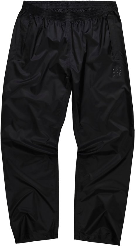 Zwarte regenbroek met elastische tailleband, zakken en logo op de linker dij.