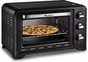 Zwarte mini-oven met de naam Moulinex. Binnenin is een pizza met kaas en toppings zichtbaar.